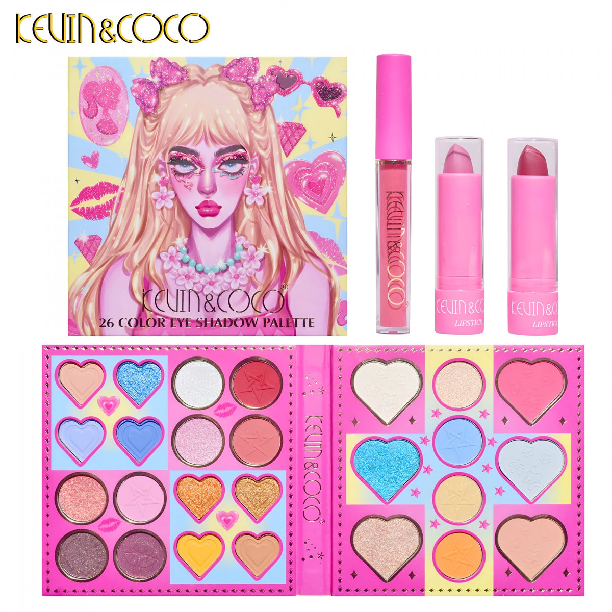 Kevin & Coco Set Machiaj Complet, Trusa 26 Culori Fard de Ochi, Contine 2 Rujuri, Gloss si Fard de Obraz, Pigmentate, Toate Tipurile de Ten, 19x18x2 cm