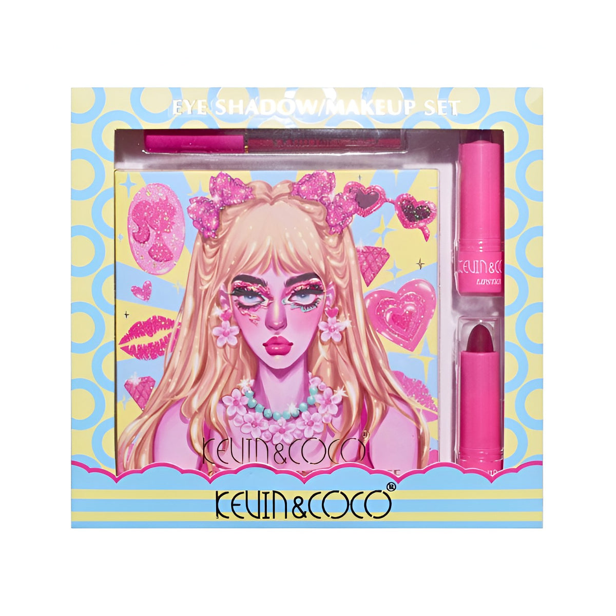 Kevin & Coco Set Machiaj Complet, Trusa 26 Culori Fard de Ochi, Contine 2 Rujuri, Gloss si Fard de Obraz, Pigmentate, Toate Tipurile de Ten, 19x18x2 cm