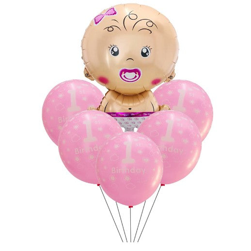 Set Baloane Prima Aniversare, Tematica First Anniversary Girl, Latex si Folie Aluminiu, 7 Piese, 71 cm, Roz