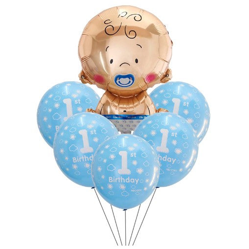 Set Baloane Aniversare First Birthday, Balon Folie Aluminiu Baby Boy 71 cm, 5 Baloane Latex, Albastru, Set 7 Piese