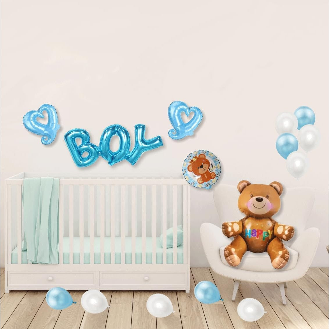 Set 25 Baloane Aniversare si Botez, Tematica Ursulet si Mesaj Boy, Decor Petrecere Baietei, Latex si Folie Aluminiu, Albastru si Alb