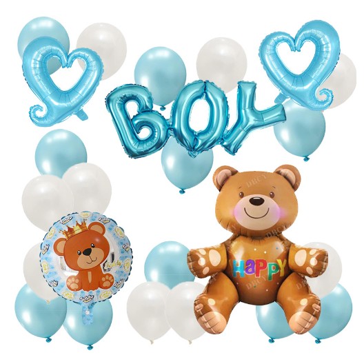 Set 25 Baloane Aniversare si Botez, Tematica Ursulet si Mesaj Boy, Decor Petrecere Baietei, Latex si Folie Aluminiu, Albastru si Alb