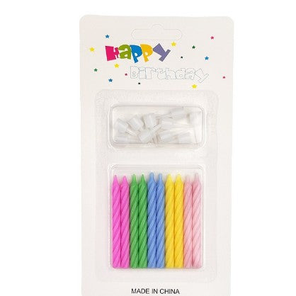 Set 12 Lumanari de Tort, Model Spirala pentru Aniversare, Parafina Fara Parfum, Multicolor, 6.5 cm, cu Suport Inclus