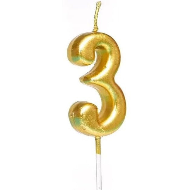 Lumanare de Tort Cifra 3, Decoratiune Aniversara cu Finisaj Lucios, Parafina, 4.5 x 2.5 cm, Auriu