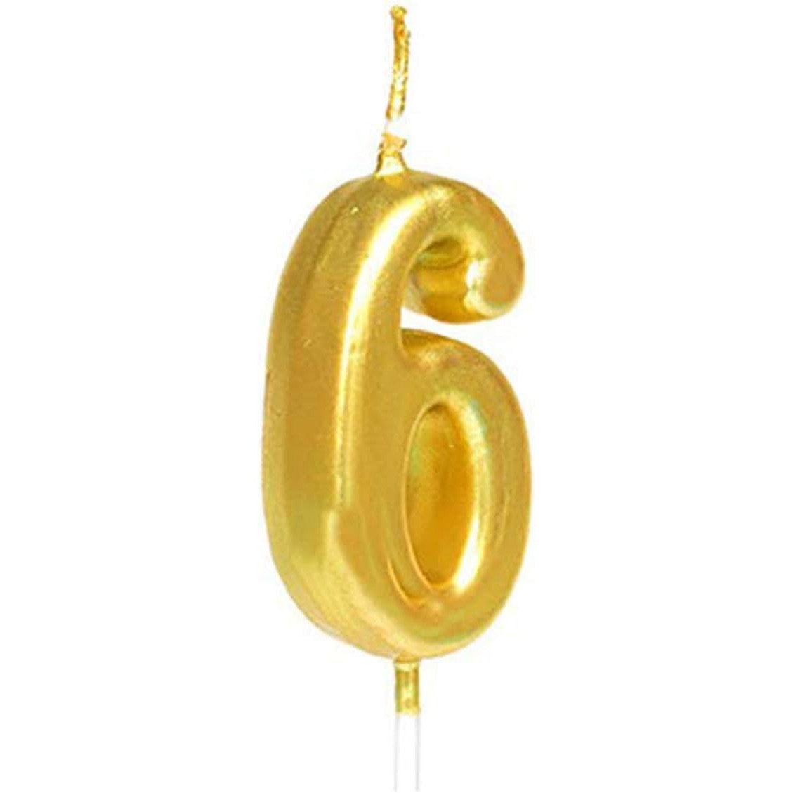 Lumânare de Tort, Cifra 6 pentru Aniversare, Finisaj Auriu Lucios, Parafina, 4.5 x 2.5 cm