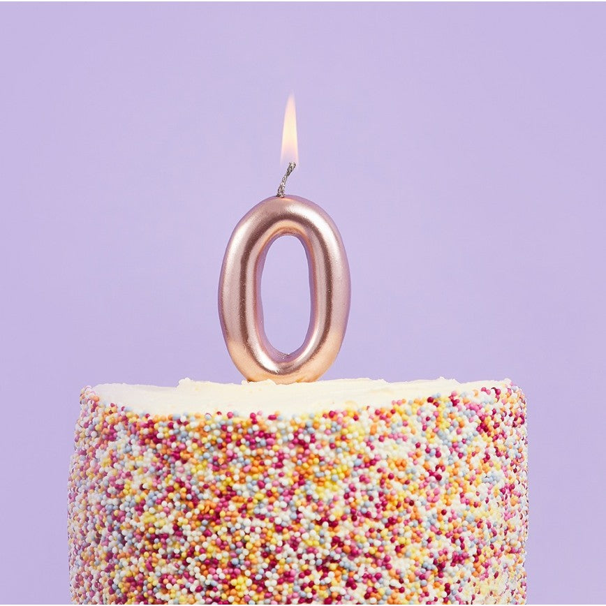 Lumânare de Tort, Model Cifră 0, Finisaj Rose Gold Lucios, Din Parafină, Party, 4.5 x 2.5 cm