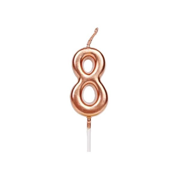 Lumânare de Tort Party, Model Cifra 8, Finisaj Lucios, Parafină, 4.5 x 2.5 cm, Rose Gold