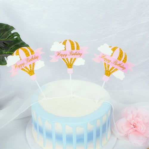 Set 3 Toppere pentru Tort, Model Balon cu Aer Cald Happy Birthday, Decoratiuni Tematice Aniversare, Carton Rezistent, Roz