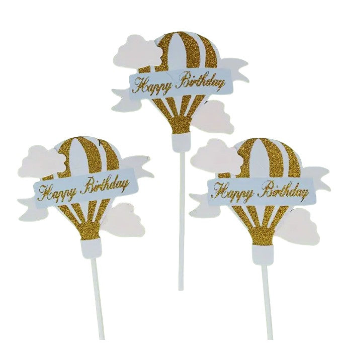 Set 3 Toppere pentru Tort, Model Balon cu Aer Cald Happy Birthday, Decoratiuni Tematice Aniversare, Carton Rezistent, Albastru
