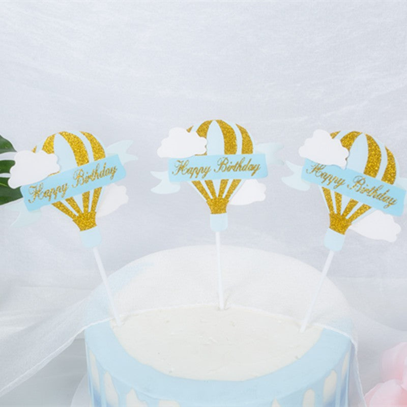 Set 3 Toppere pentru Tort, Model Balon cu Aer Cald Happy Birthday, Decoratiuni Tematice Aniversare, Carton Rezistent, Albastru