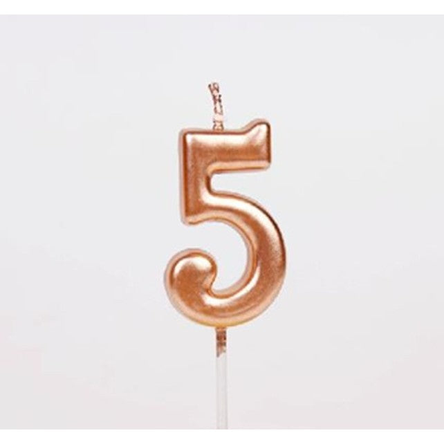 Lumânare de Tort, Model Cifră 5, Decor Petrecere cu Finisaj Lucios, Parafină, 4.5 x 2.5 cm, Rose Gold