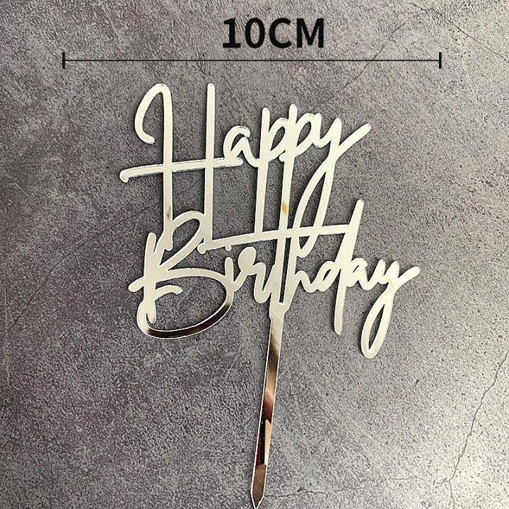 Topper Tort Happy Birthday, Decoratiune Aniversare Eleganta, Design Cursiv, Material Plastic Rezistent, Argintiu, 10 cm