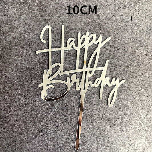 Topper Tort Happy Birthday, Decoratiune Aniversare Eleganta, Design Cursiv, Material Plastic Rezistent, Argintiu, 10 cm