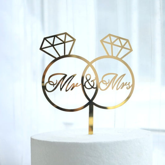 Topper Tort Nunta, Decoratiune Mr&Mrs cu Inele Interconectate, Material Rezistent, 10 cm, Auriu