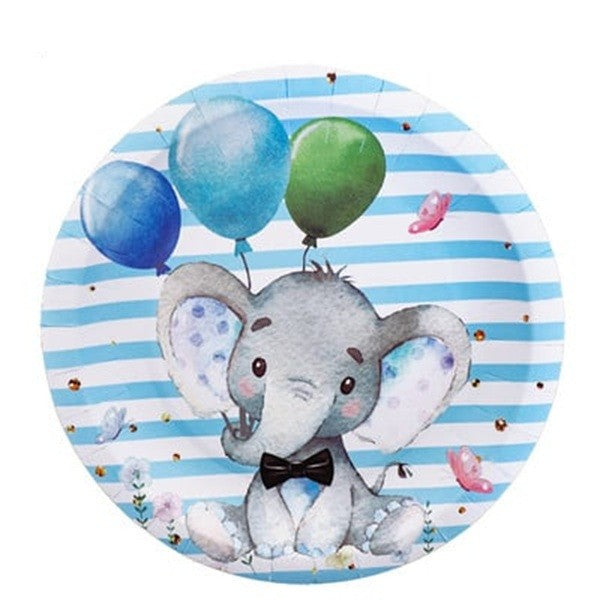 Set 10 Farfurii de Unica Folosinta pentru Petreceri Copii, Imprimeu Elefant, Carton cu Strat Protector, 17 cm, Albastru/Multicolor