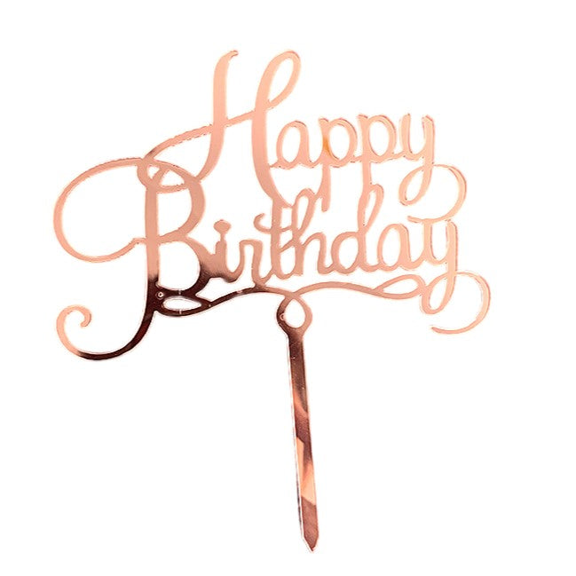 Topper Tort Happy Birthday, Decoratiune Aniversare, Design Elegant Cursiv, Material Durabil Reutilizabil, 10 cm, Roz