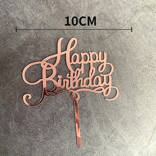 Topper Tort Happy Birthday, Decoratiune Aniversare, Design Elegant Cursiv, Material Durabil Reutilizabil, 10 cm, Roz