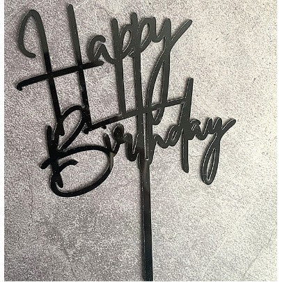 Topper Tort Happy Birthday, Decoratiune Aniversare, Design Elegant Cursiv, Material Durabil Reutilizabil, 10 cm, Negru