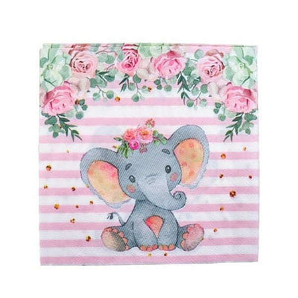 Servetele De Masa Pentru Petreceri Copii, Imprimeu Elefant, Hartie Absorbanta, Ideale Baby Shower Si Aniversari, Set 20 Bucati, 16.5 x 16.5 cm, Roz