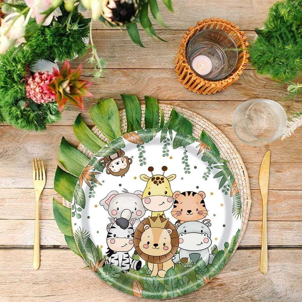 Set 10 Farfurii de Unica Folosinta, Imprimeu Jungle cu Animalute, Carton Rezistent, 17 cm, Verde/Alb