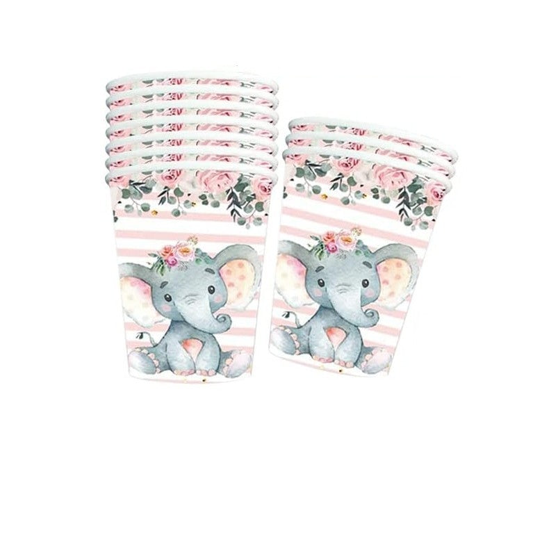 Set 10 Pahare Petrecere, Imprimeu Elefant pentru Baby Shower si Aniversari, Carton Eco-Friendly, 7.5 x 8.5 cm, Roz/Alb