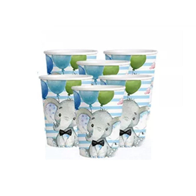 Set 10 Pahare de Unică Folosință pentru Petrecere, Design Elefant Baby Shower, Carton Rezistent, 7.5 x 8.5 cm, Albastru/Alb