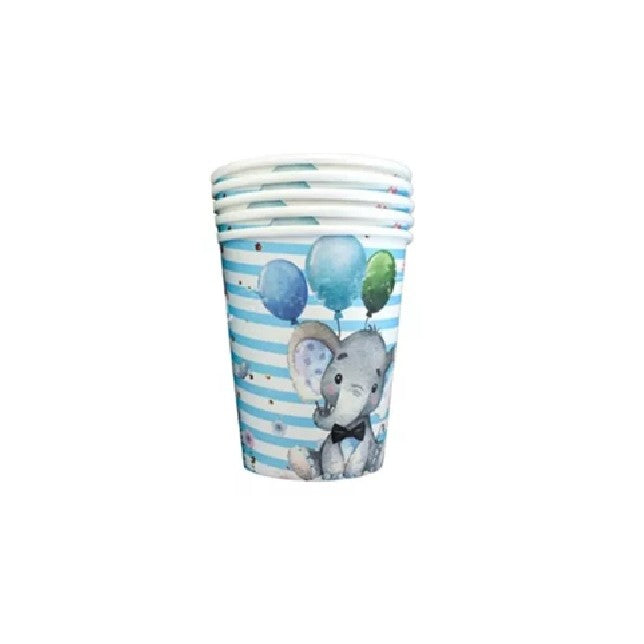 Set 10 Pahare de Unică Folosință pentru Petrecere, Design Elefant Baby Shower, Carton Rezistent, 7.5 x 8.5 cm, Albastru/Alb