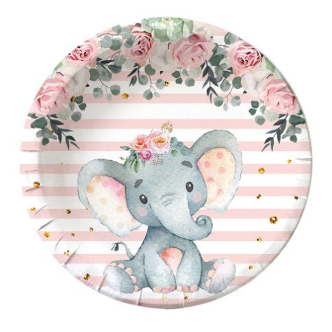 Set 10 Farfurii de Unică Folosință pentru Copii, Model Elefant, Carton cu Strat Protector, Diametru 22 cm, Roz/Alb