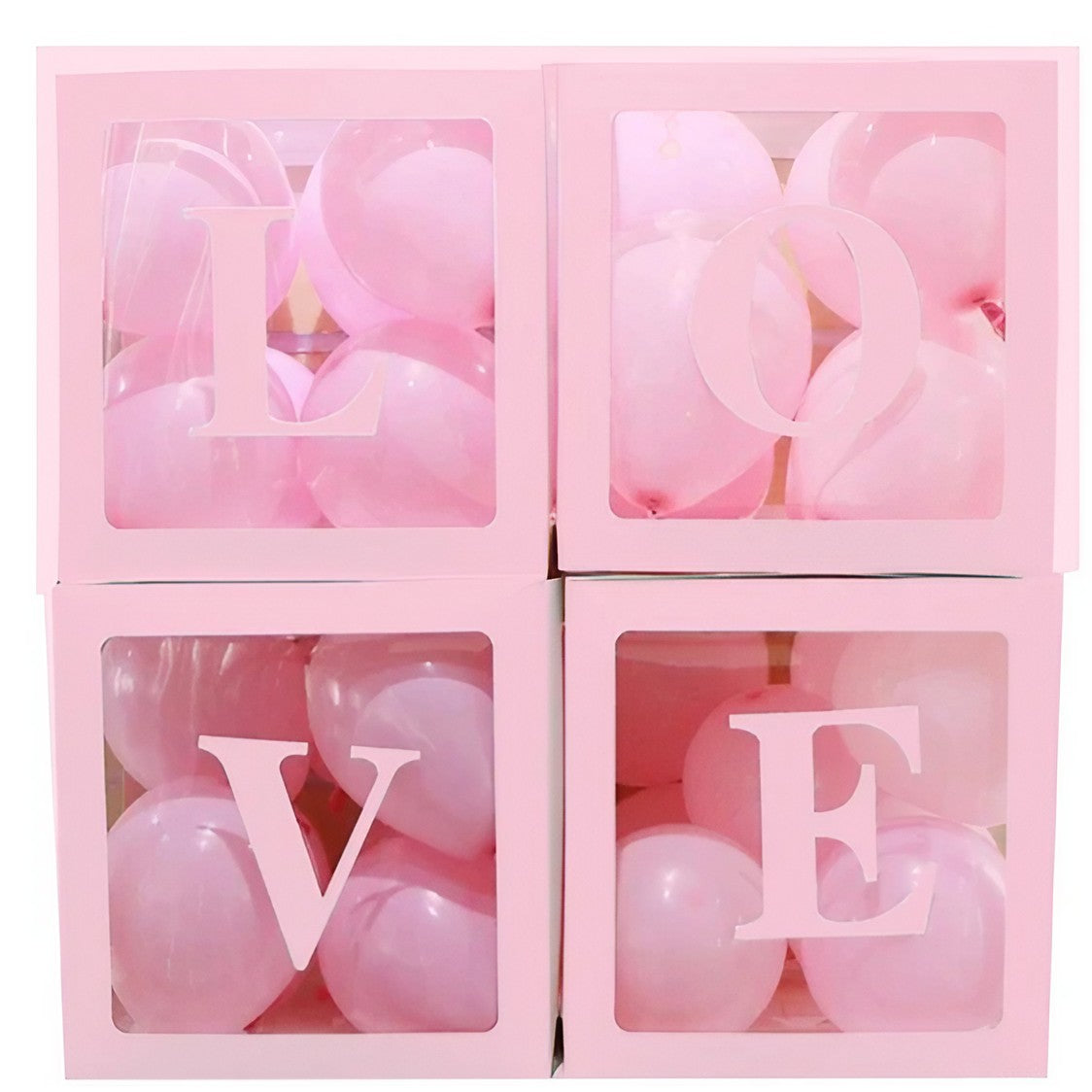Set 4 Cutii pentru Baloane, Cuburi Decorative Transparente, Model Scris Love, Tematica Iubire, Plastic și Carton, 30 x 30 cm, Contur Roz
