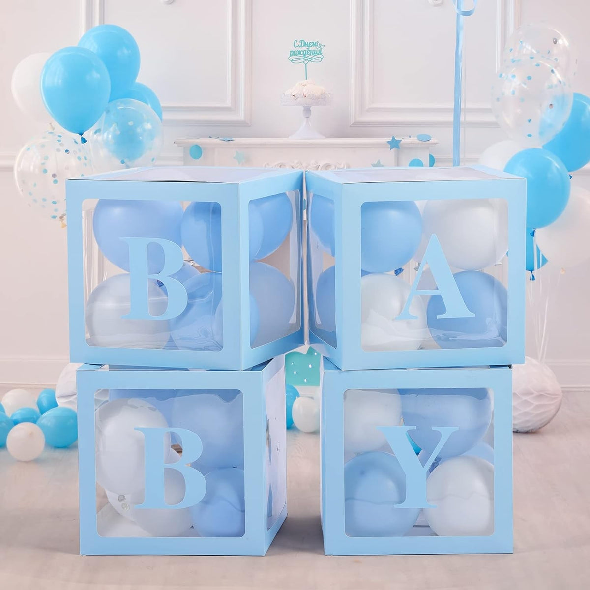 Set 4 Cutii pentru Baloane Baby, Cuburi Decorative pentru Baby Shower și Petreceri, Plastic Transparent cu Contur Albastru, 30 x 30 cm