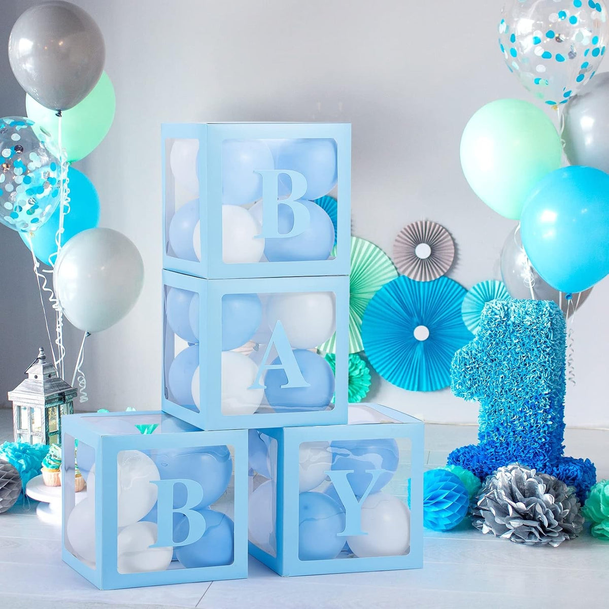 Set 4 Cutii pentru Baloane Baby, Cuburi Decorative pentru Baby Shower și Petreceri, Plastic Transparent cu Contur Albastru, 30 x 30 cm