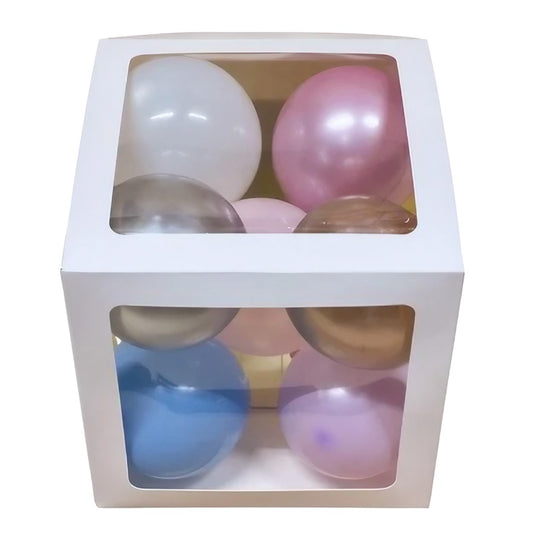Set 4 Cutii pentru Baloane, Cuburi Decorative pentru Petrecere și Aniversare, Carton și Plastic, 30 x 30 cm, Transparente cu Contur Alb