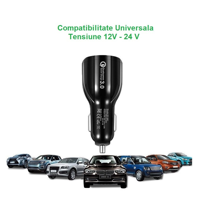 Încărcător Auto Universal, Încărcare Rapidă QC3.0, Interfață USB, 3100 mAh, Compatibil 12V-24V, ABS și PVC, Negru