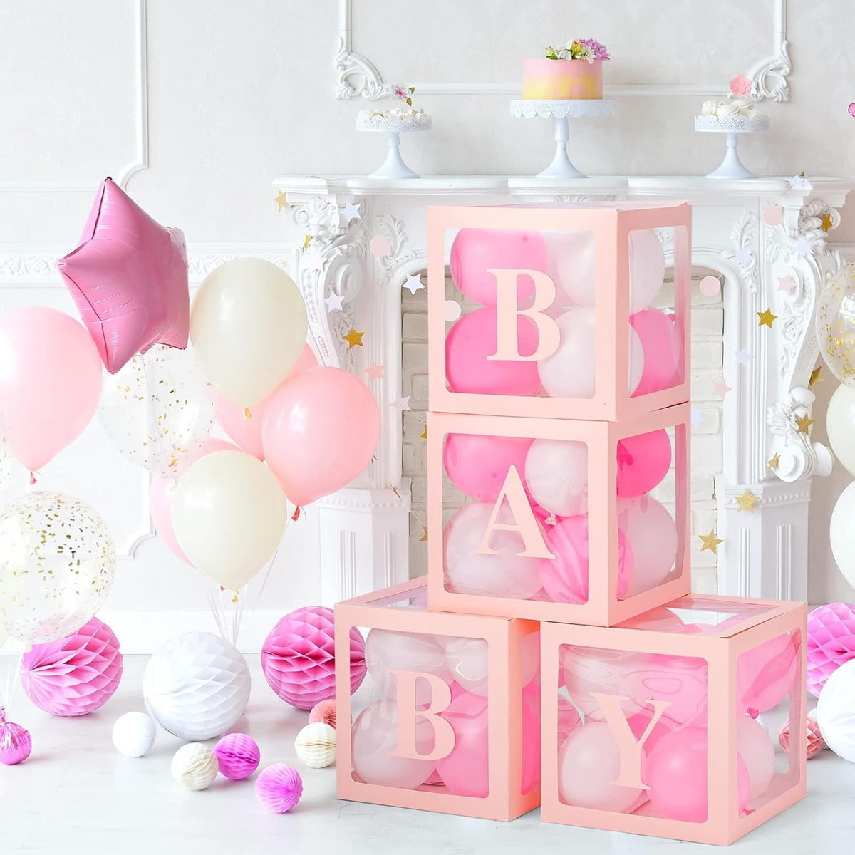Set 4 Cutii pentru Baloane Baby, Cuburi Decorative pentru Baby Shower și Petreceri, Plastic Transparent cu Contur Roz, 30 x 30 cm