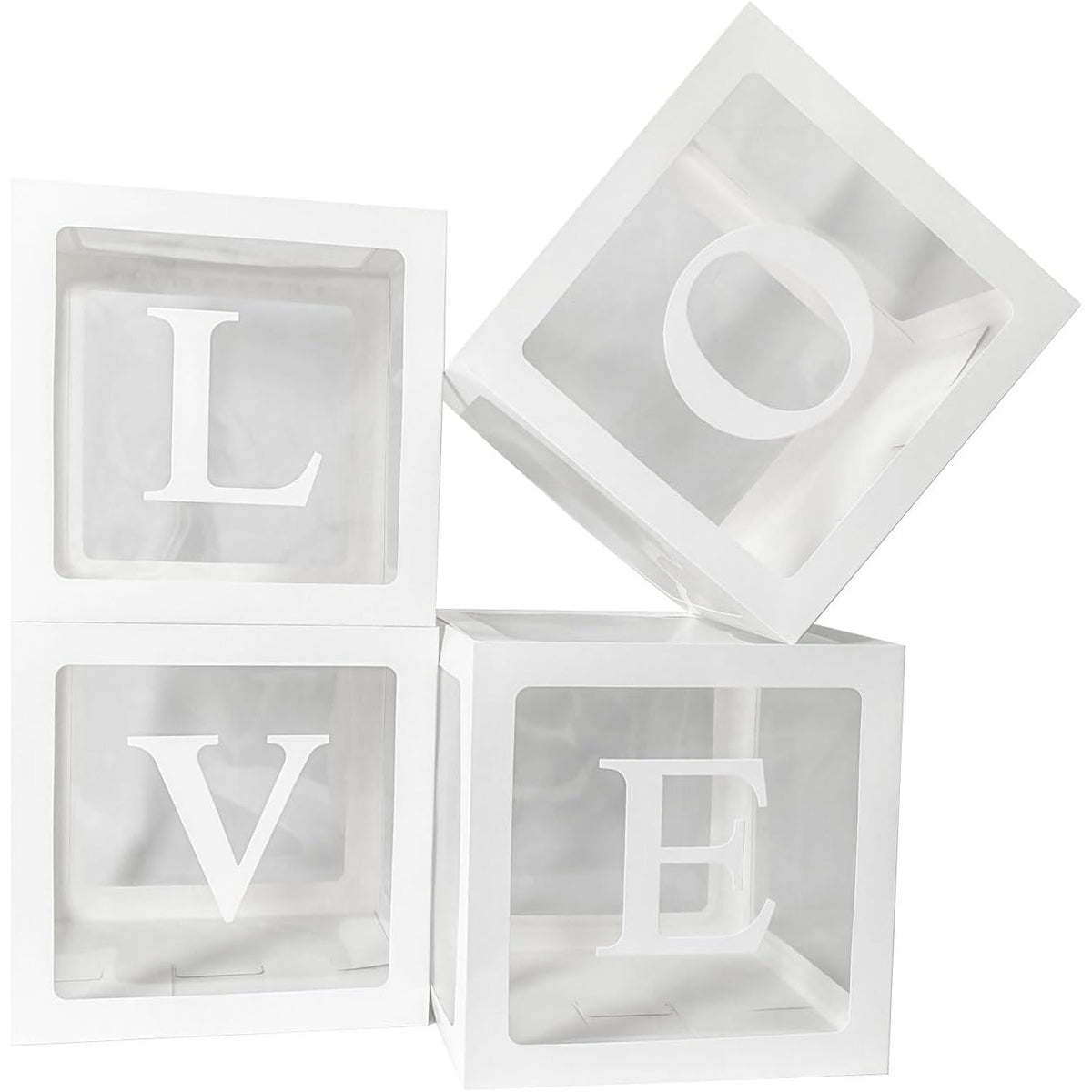 Set 4 Cutii pentru Baloane, Cuburi Decorative Love pentru Petrecere, Plastic și Carton, Transparente cu Contur Alb, 30 x 30 cm