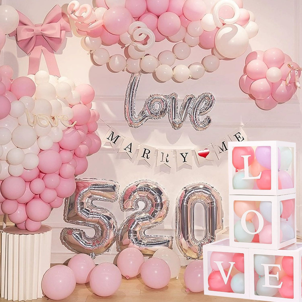 Set 4 Cutii pentru Baloane, Cuburi Decorative Love pentru Petrecere, Plastic și Carton, Transparente cu Contur Alb, 30 x 30 cm