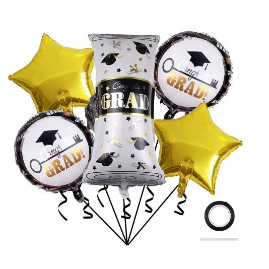 Set 5 Baloane Tematica Absolvire, Figurina Diploma si Stele, Folie Aluminiu, Umflare Aer sau Heliu, 70 x 40 cm, Auriu si Negru
