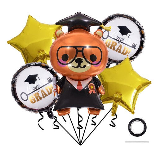 Set 5 Baloane Tematica Absolvire, Figurina Ursulet cu Toca si Baloane Stelute, Folie Aluminiu, Compatibile Aer sau Heliu, 70 x 40 cm, Auriu si Negru