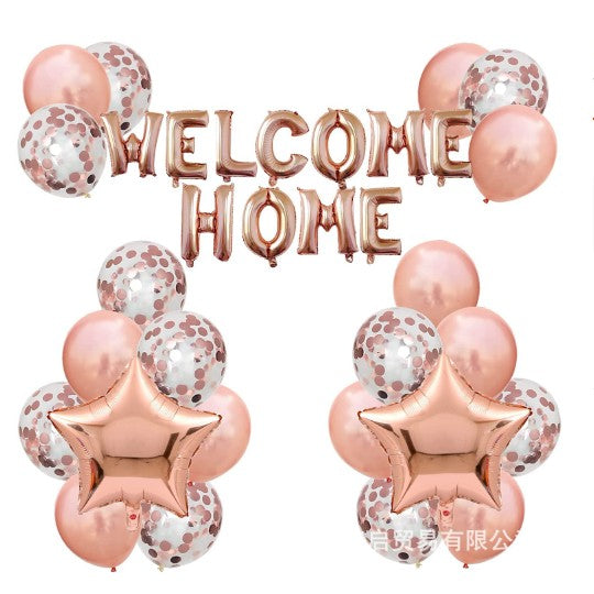 Set Decorativ Baloane Welcome Home, 22 Piese, Latex si Folie Metalizata, 20 Baloane Latex, 2 Stele Folie, Rose Gold Metallic