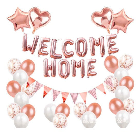 Set Baloane Welcome Home, Kit Decoratiuni Petrecere 24 Piese, 20 Baloane Latex si 4 Baloane Stea Folie, Rose Gold Metalizat