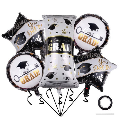 Set 5 Baloane Tematice Absolvire, Figurina Diploma si Stele, Folie Aluminiu, Umflare Aer sau Heliu, 70 x 40 cm, Alb si Negru