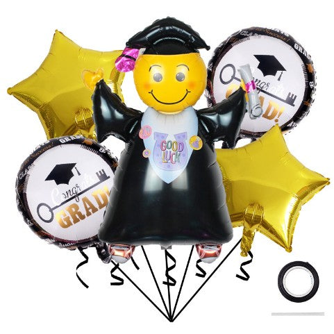 Set 5 Baloane Tematica Absolvire, Figurina Absolventa, Stele si Rotunde, Folie Aluminiu, Umflare Aer sau Heliu, 70 x 40 cm, Auriu si Negru