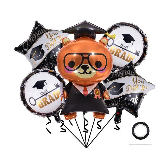Set 5 Baloane Tematica Absolvire, Figurina Ursulet cu Toca si Diploma, 2 Stele, 2 Baloane Rotunde, Folie de Aluminiu, Umflare Aer sau Heliu, 70 x 40 cm, Alb si Negru