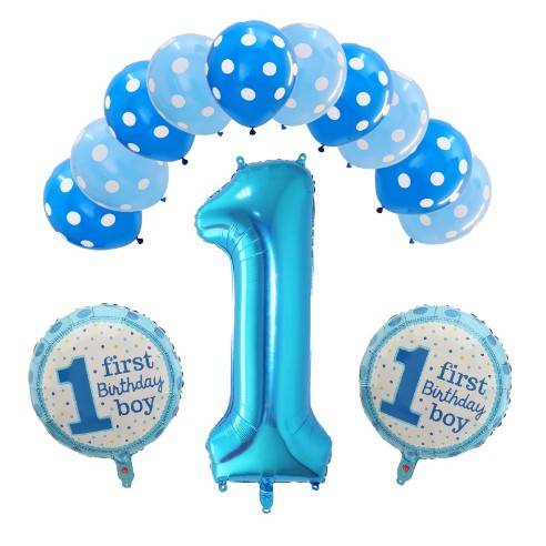 Set 13 Baloane pentru Prima Aniversare, Decor Petrecere Baiat, Cifra 1, 10 Baloane Latex si 2 Baloane Folie, Albastru
