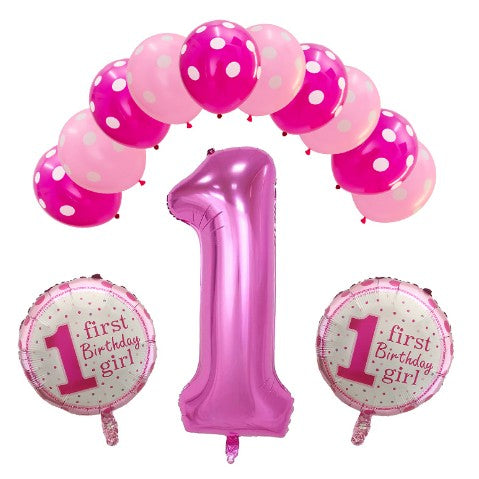 Set 13 Baloane Prima Aniversare, Cifră 1 și Baloane Folie, Latex și Aluminiu, Roz-Albastru, 1 An de Zile