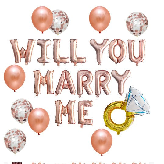 Set Baloane Decorative Will You Marry Me, Cerere in Casatorie, 12 Piese, Latex si Folie, Balon Inel Gigant, Rose Gold