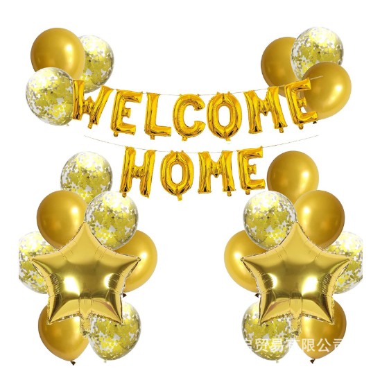 Set Decorativ Baloane Welcome Home, 22 Piese, Baloane Latex si Folie in Forma de Stea, Auriu