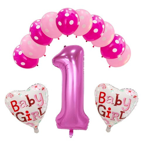 Set Baloane Prima Aniversare, Cifra 1 si Inimi, Latex si Folie, Roz, 13 Piese