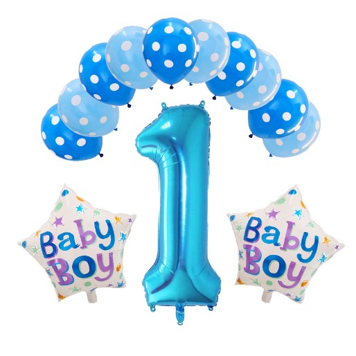 Set 13 Baloane pentru Prima Aniversare, 10 Baloane Latex, 2 Baloane Stea Folie, Cifra 1, Albastru