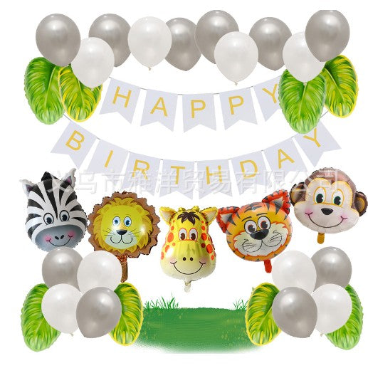 Set Baloane Aniversare cu Figurine Animale, Decoratiuni Petrecere Tema Jungla, Banner Happy Birthday, Folie Aluminiu si Latex, 32 Piese, Gri Alb Multicolor